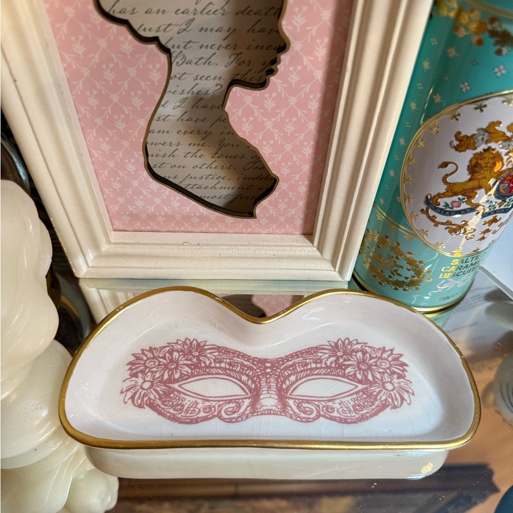 Ashland Decorative Pink Masquerade Mask Trinket Dish with Gold Trim